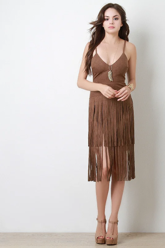 Faux Suede Fringe Skirt Mini Dress Elegant Mini Dress with Pleats