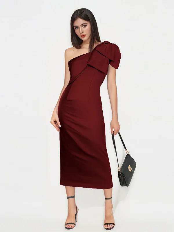 Reina Sheath One Shoulder Bow Midi Satin Wedding Guest Dresses Tunics Evening elegant Reina Sheath One Shoulder Bow Midi Satin Wedding Guest Dresses Tunics Evening elegant