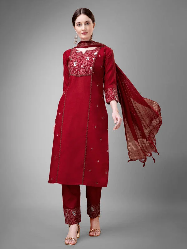 NOZ2TOZ Women Embroidered Cotton Blend Kurta Pant Dupatta Set - Maroon High-Waist Yoga Pants NOZ2TOZ Women Embroidered Cotton Blend Kurta Pant Dupatta Set - Maroon High-Waist Yoga Pants