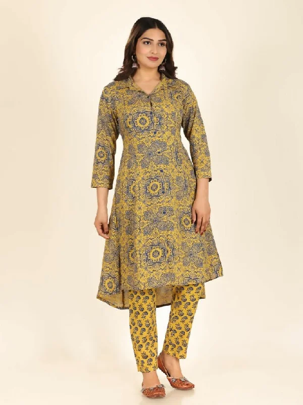 Aramya Yellow Rayon Geometric Print High Low Kurta Pant Set for Women Classic Flared Pants Aramya Yellow Rayon Geometric Print High Low Kurta Pant Set for Women Classic Flared Pants