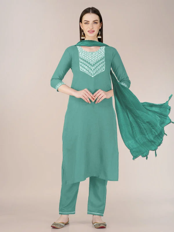 NOZ2TOZ Womens Embroidered Teal Cotton Blend Kurta Pant Set Stylish Slim Trousers