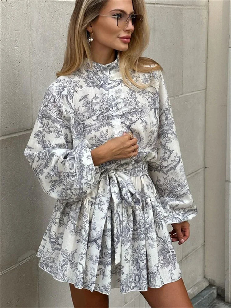 Wjczt Vintage Printed Lace-Up Mini Dress For Women Fashion Ruffled Pleated Dress Bandage Long Sleeve High Street Women's Dress Cozy Cowl Neck Mini Dress Wjczt Vintage Printed Lace-Up Mini Dress For Women Fashion Ruffled Pleated Dress Bandage Long Sleeve High Street Women's Dress Cozy Cowl Neck Mini Dress