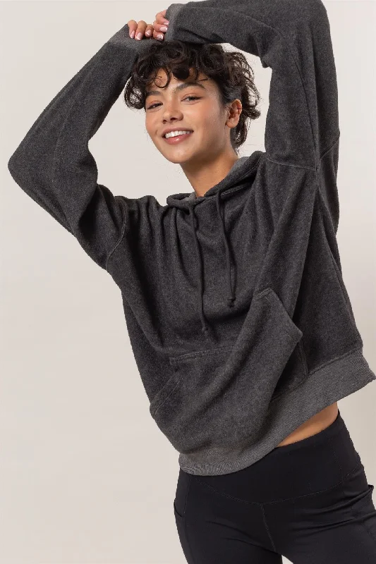 Charcoal Brushed Long Sleeve Hoodie with Kangaroo Pocket Hoodie with Bell Sleeves Flared Feminine Charcoal Brushed Long Sleeve Hoodie with Kangaroo Pocket Hoodie with Bell Sleeves Flared Feminine