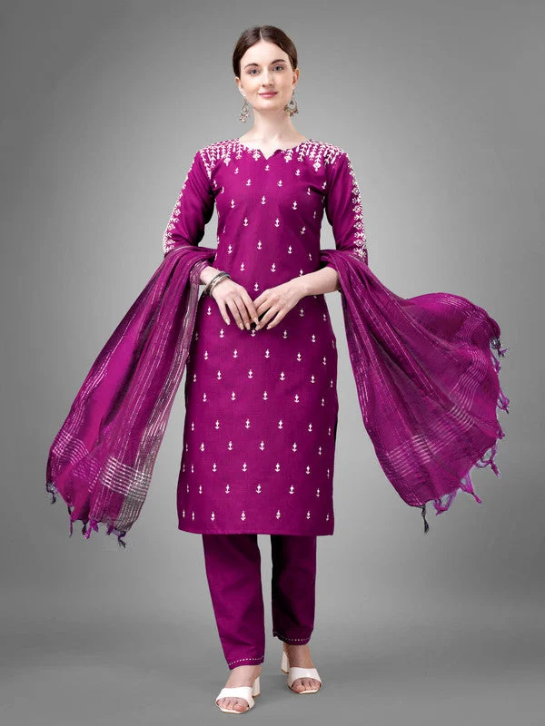 NOZ2TOZ Women Embroidered Cotton Blend Kurta Pant Dupatta Set - Purple Classic Straight-Leg Pants NOZ2TOZ Women Embroidered Cotton Blend Kurta Pant Dupatta Set - Purple Classic Straight-Leg Pants