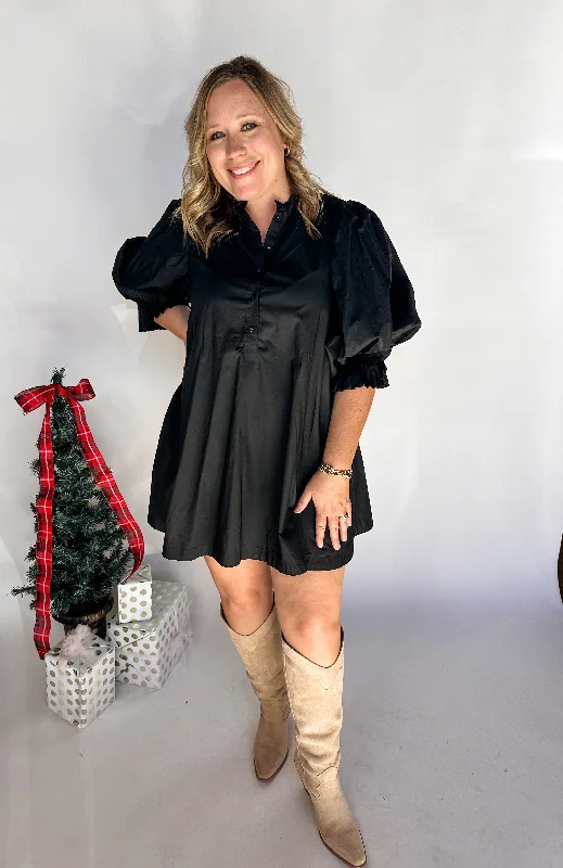 Solid Poplin Mini Dress- Black Comfortable One-Shoulder Mini Dress