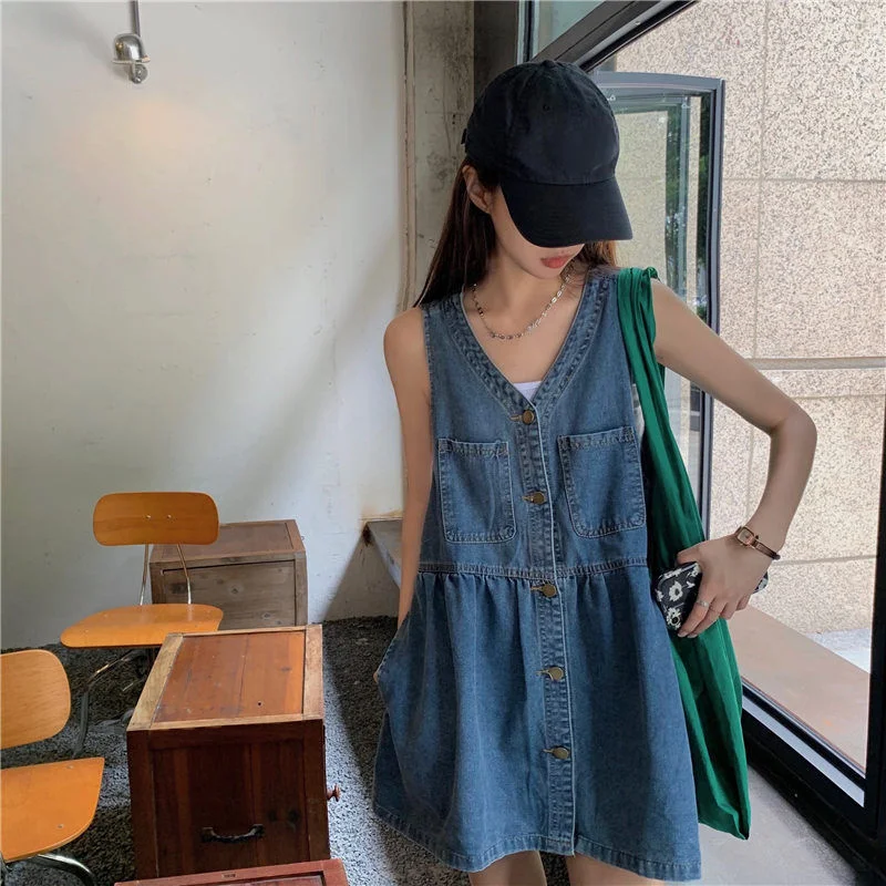 Wjczt Sleeveless Dress Women Streetwear Single Breasted Pockets V-neck Denim Females Mini Dresses A-line Pleated Vintage Korean Style Chic Bohemian Mini Dress