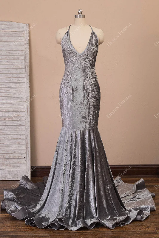 Grey Velvet Pearls Flowers Halter V-neck Mermaid Prom Dress Pencil Office Professional Grey Velvet Pearls Flowers Halter V-neck Mermaid Prom Dress Pencil Office Professional