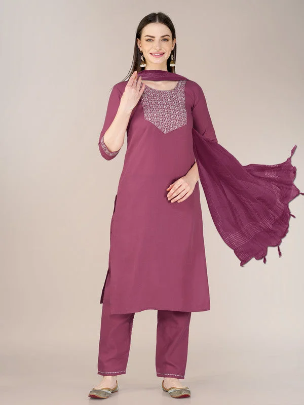 NOZ2TOZ Womens Embroidered Wine Cotton Blend Kurta Pant Set Casual Track Pants