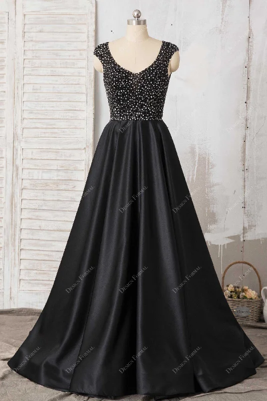 Black Beaded Satin Queen Anne Neck Sexy Open Back A-line Dress Tunics Trendy modern