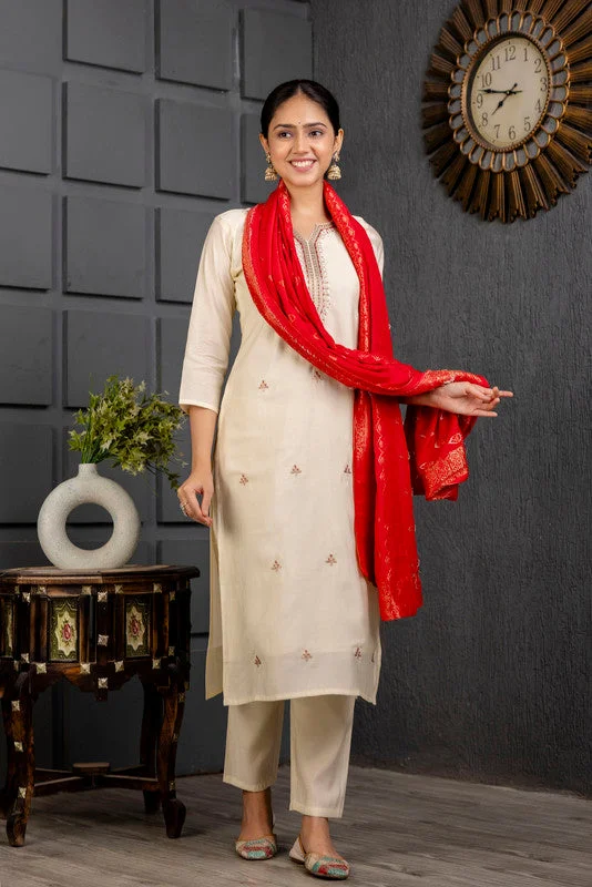NOZ2TOZ Women's Viscose Yoke Design Solid Straight Kurta Pant With Dupatta - Cream Trendy Velvet Pants