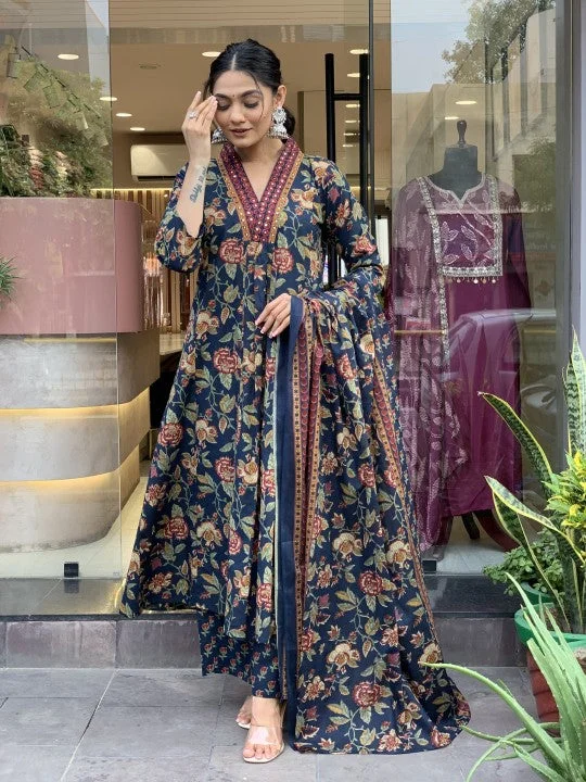 Indian Fashion Women Viscose Blue Anarkali Kurta And Pant Set With Dupatta Casual Sweatpants Style Indian Fashion Women Viscose Blue Anarkali Kurta And Pant Set With Dupatta Casual Sweatpants Style