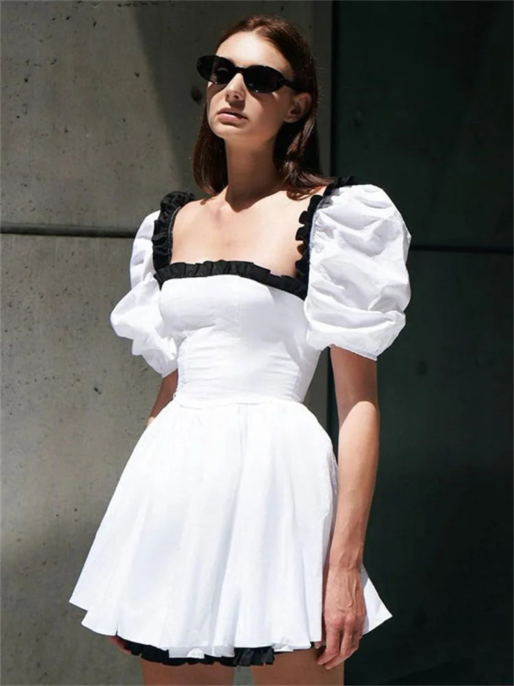 Wjczt Female Contrast Patchwork MIni Dress Short Sleeve Slim Fashion High Street Holiday Dress Party Gown Ruffled Women Dress Fashionable Mini Dress with Frills Wjczt Female Contrast Patchwork MIni Dress Short Sleeve Slim Fashion High Street Holiday Dress Party Gown Ruffled Women Dress Fashionable Mini Dress with Frills