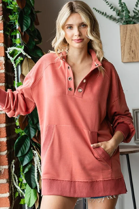 Grommet Split Neck Kangaroo Pocket Sweatshirt Hoodie with Tied Waist Feminine Flattering Grommet Split Neck Kangaroo Pocket Sweatshirt Hoodie with Tied Waist Feminine Flattering