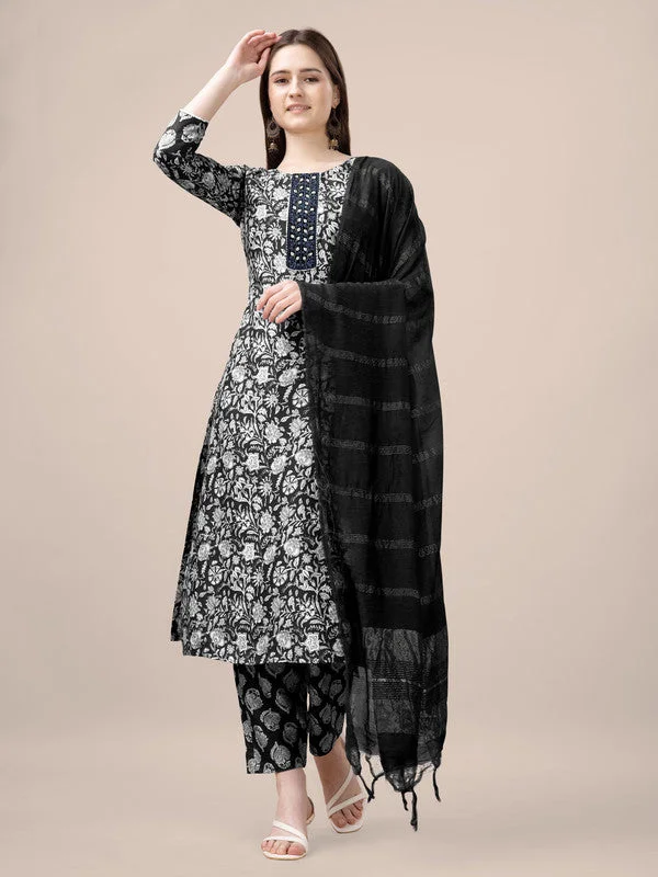 NOZ2TOZ Womens Embroidered & Printed Black Rayon Kurta Pant Set Casual Wide Pants