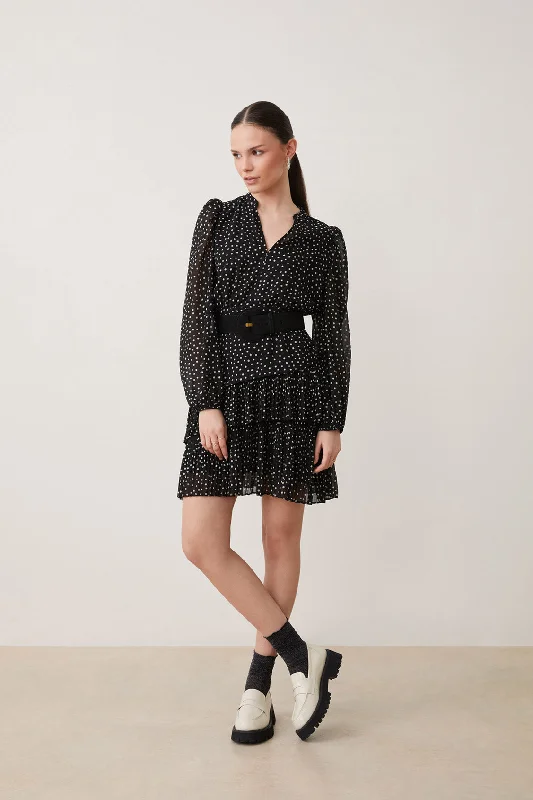 Suncoo Caliste Black/White Polka Dot Print Tiered Mini Dress Fashionable Off-Shoulder Mini Dress