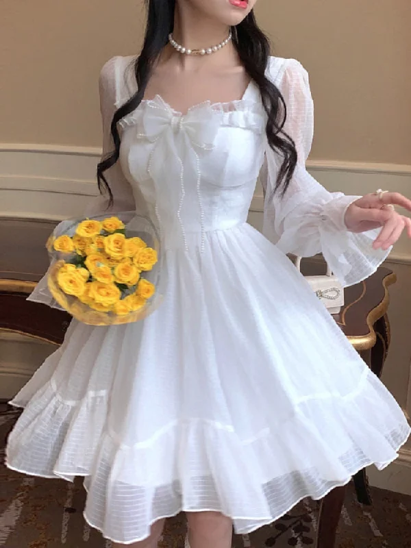 Wjczt White Kawaii Dress Women Chiffon Lolita Style Long Sleeve Mini Dresses Bow Fairy Robe Ruffles Patchwork Square Collar Fashionable Party Mini Dress Wjczt White Kawaii Dress Women Chiffon Lolita Style Long Sleeve Mini Dresses Bow Fairy Robe Ruffles Patchwork Square Collar Fashionable Party Mini Dress