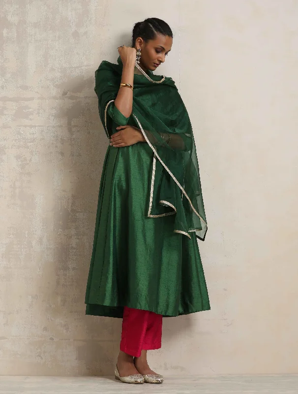 trueBrowns Dark Green Anarkali Kurta Pant Dupatta Set Classic Straight-Leg Pants