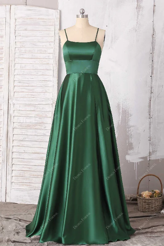 Emerald Green Strappy Back Sexy Slit Simple A-line Satin Dress Tunics stripes playful Emerald Green Strappy Back Sexy Slit Simple A-line Satin Dress Tunics stripes playful