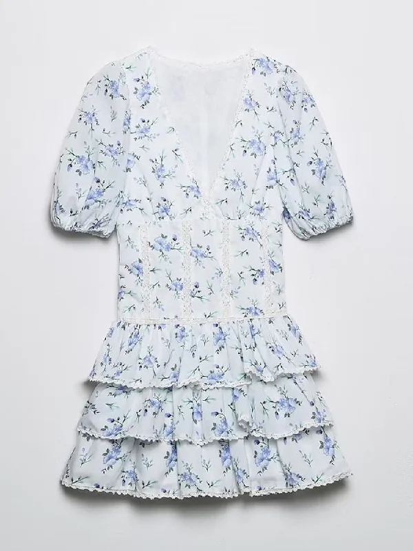 Wjczt New Women Fashion Lace Embroidery Trims Floral Print Dress Vintage Puff Sleeve Female Sweet Layered Ruffle Mini Dresses Comfortable Polka Dot Mini Dress