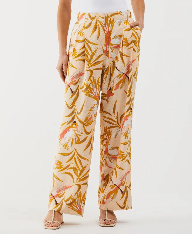 Petite Paradise Print Linen Blend Pleated Wide Leg Pant Chic Slim Fit Pants