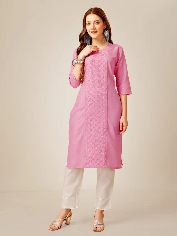 NOZ2TOZ Women Embroidered Cotton Blend Kurta Pant Set - Pink Soft Stretch Pants
