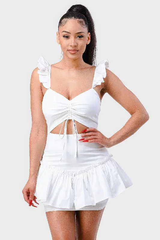 Sweetheart With Drawstring Bow Cutout Ruffled Flutter Sleeves Mini Dress Cozy Satin Mini Dress Sweetheart With Drawstring Bow Cutout Ruffled Flutter Sleeves Mini Dress Cozy Satin Mini Dress