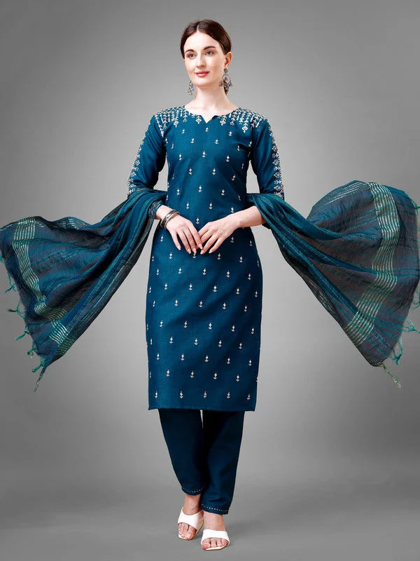 NOZ2TOZ Women Embroidered Cotton Blend Kurta Pant Dupatta Set - Blue Relaxed Fit Trousers NOZ2TOZ Women Embroidered Cotton Blend Kurta Pant Dupatta Set - Blue Relaxed Fit Trousers