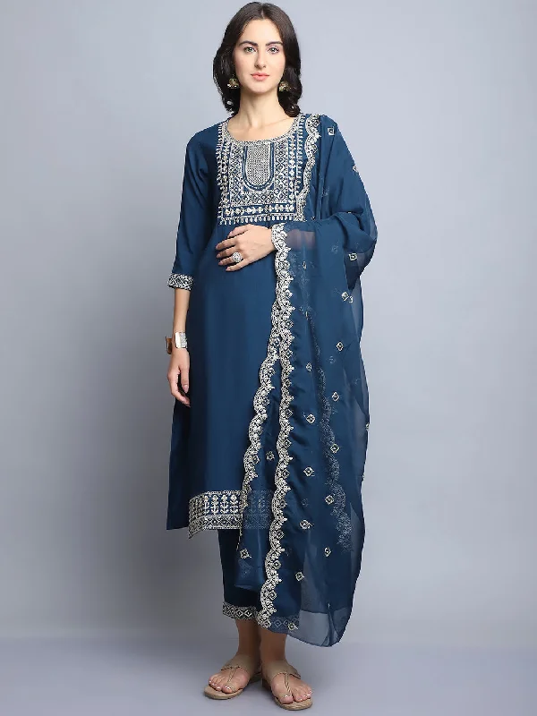 Indian Fashion Women Navy Blue Embroidery silk Kurta And Pant Set With Dupatta Trendy Palazzo Pants Indian Fashion Women Navy Blue Embroidery silk Kurta And Pant Set With Dupatta Trendy Palazzo Pants