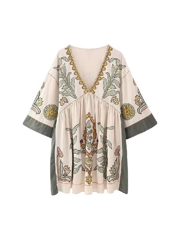Wjczt Summer Women Embroidery Dress 2024 New Female V-Neck Flare Three Quarter Sleeve Leisure Vacation Style Loose Mini Dress Elegant Vintage Mini Dress