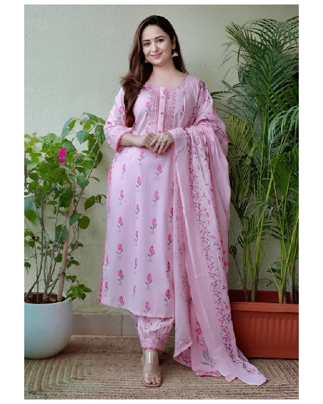 Aastha Fashion Women's Printed Cotton Pink Kurti With Pant And Dupatta By Srf Jaipur High-Waist Trousers Aastha Fashion Women's Printed Cotton Pink Kurti With Pant And Dupatta By Srf Jaipur High-Waist Trousers