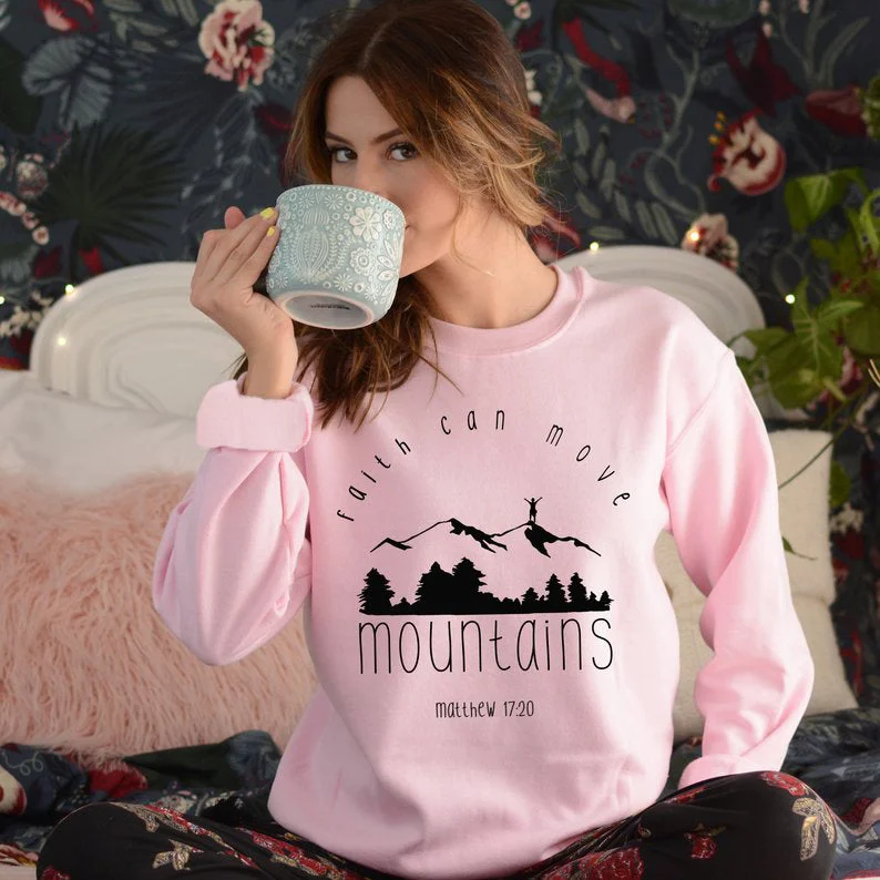 Faith Can Move Mountains Sweatshirt Over Fear Hoodies Pink O-Neck Long Faith Slogan Tops Hoodie with Metallic Shiny Futuristic Faith Can Move Mountains Sweatshirt Over Fear Hoodies Pink O-Neck Long Faith Slogan Tops Hoodie with Metallic Shiny Futuristic
