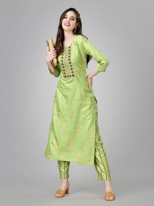 NOZ2TOZ Women Embroidered Rayon Kurta Pant Set - Light Green Relaxed High-Waist Trousers NOZ2TOZ Women Embroidered Rayon Kurta Pant Set - Light Green Relaxed High-Waist Trousers