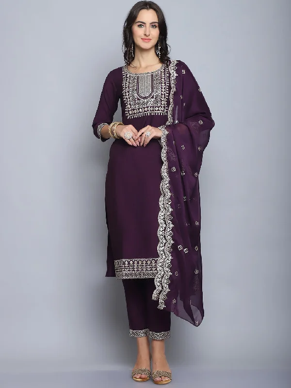 Indian Fashion Women Wine Embroidery silk Kurta And Pant Set With Dupatta Casual Track Pants Indian Fashion Women Wine Embroidery silk Kurta And Pant Set With Dupatta Casual Track Pants