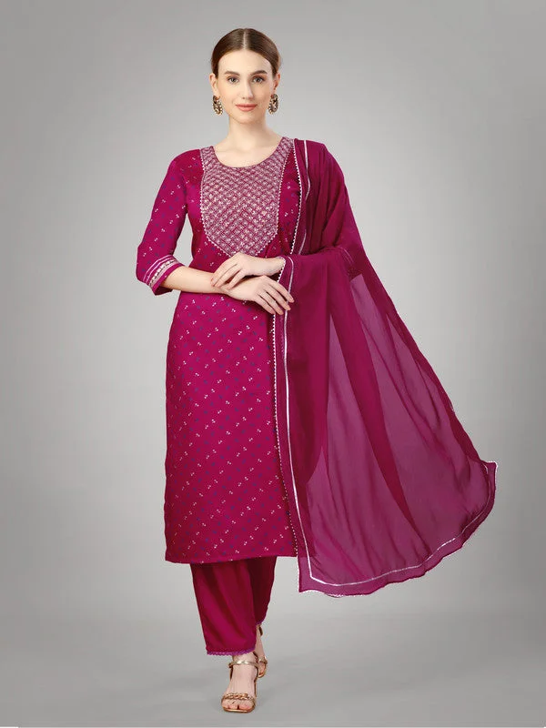 NOZ2TOZ Women Embroidered Silk Blend Kurta Pant Dupatta Set - Rani Formal Dress Pants