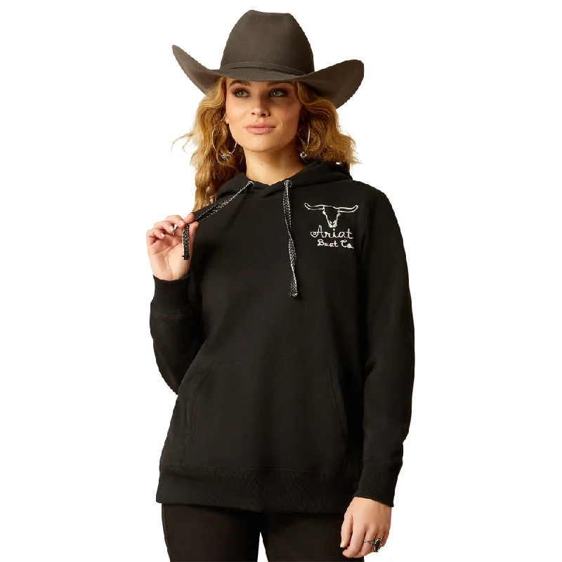 Women's Ariat Boot Co. Steer Stitch Hoodie 10051999 Hoodie with Hem Fringe Bohemian Relaxed Women's Ariat Boot Co. Steer Stitch Hoodie 10051999 Hoodie with Hem Fringe Bohemian Relaxed