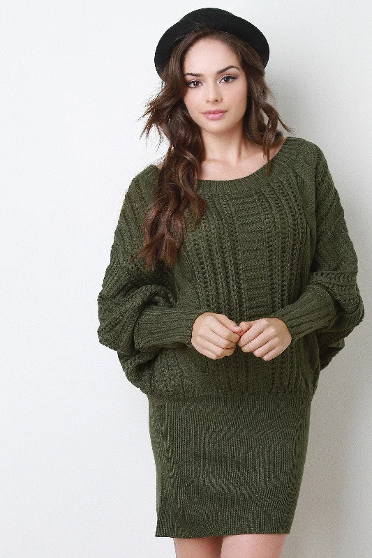 Cable Knit Dolman Mini Dress Fashionable Boho-Chic Mini Dress