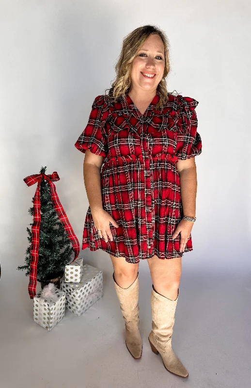 Plaid Print Puff Sleeve Mini Dress- Red Comfortable Smocked Mini Dress