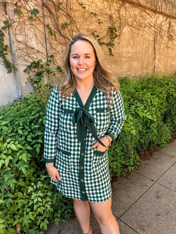 Tweed Button Up Mini Dress- Hunter Green Trendy A-Line Mini Dress