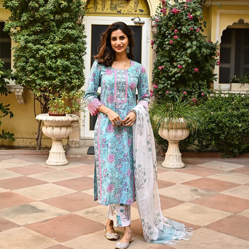 NOZ2TOZ Women's Sky Blue Cotton Floral Printed Kurta Pant Set With Dupatta Elegant Wool Trousers NOZ2TOZ Women's Sky Blue Cotton Floral Printed Kurta Pant Set With Dupatta Elegant Wool Trousers