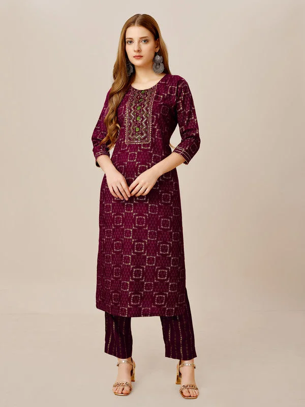 NOZ2TOZ Women Embroidered Rayon Kurta Pant Set - Purple Elegant Wool Trousers