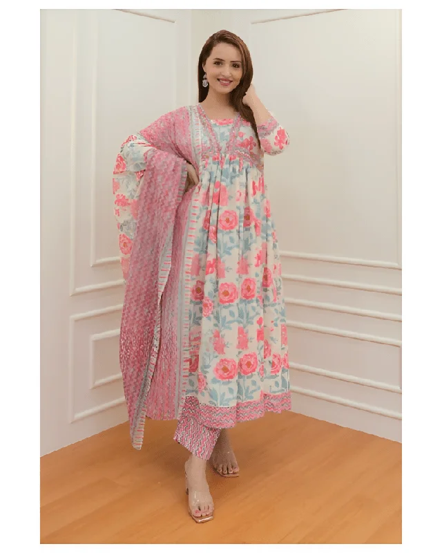 Aastha Fashion Women's Printed Cotton Pink Kurti With Pant And Dupatta By Srf Jaipur Formal Stretch Pants