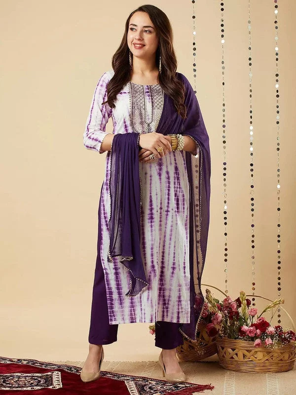 NOZ2TOZ Womens Purple Viscose Cotton Leheriya Printed & Embroidery Kurta Pant Set With Dupatta Slim Fit Casual Pants NOZ2TOZ Womens Purple Viscose Cotton Leheriya Printed & Embroidery Kurta Pant Set With Dupatta Slim Fit Casual Pants