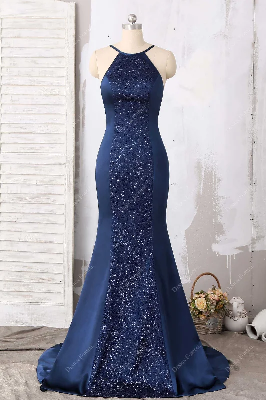 Navy Glitter Satin Halter Neck Mermaid Evening Prom Dress Tunics Cozy soft