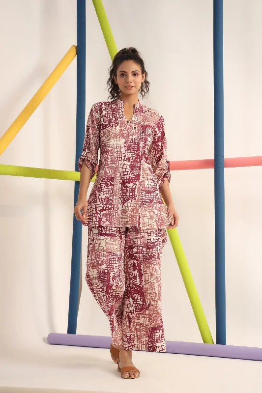 Indian Fashion Women Maroon Mandrain Collar Kurta And Pant Set Comfy Athletic Pants