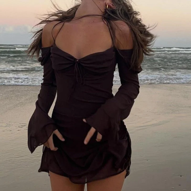 Wjczt Y2K Fairycore Mesh Halter Dress Chic Women Flare Sleeve Side Drawstring Ruched Mini Dress Elegant Lady Beach Holiday Club Party Stylish Button-Down Mini Dress