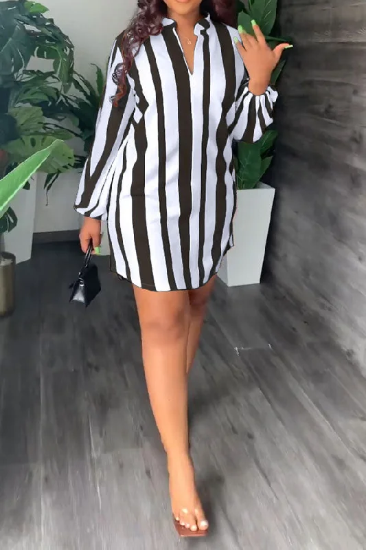 Striped V Neck Classic Belted Mini Dress Fashionable Lace Mini Dress