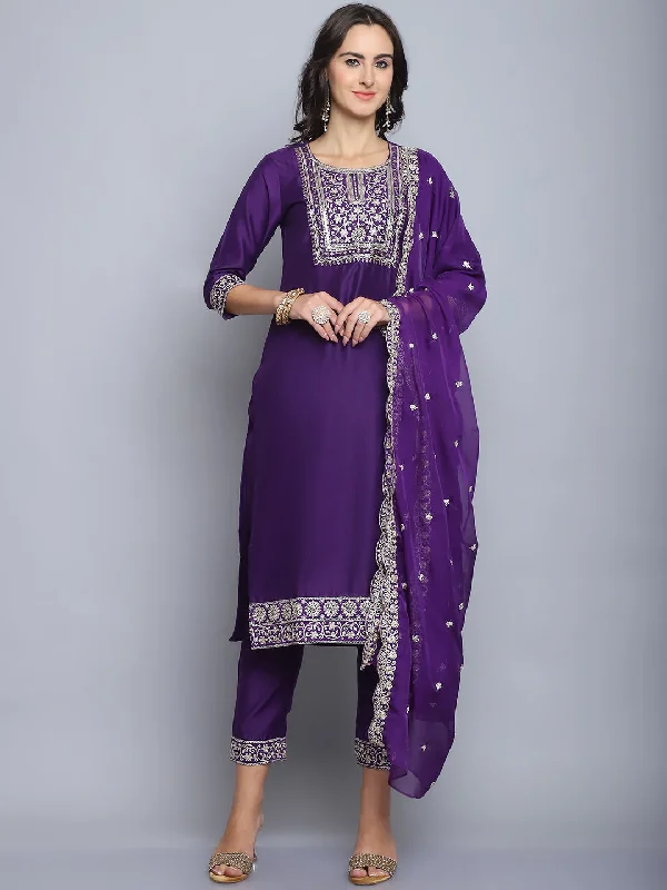 Indian Fashion Women Embroidery Straight Purple Kurta And Pant set with Dupatta Formal Stretch Pants