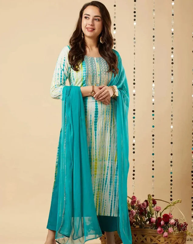 NOZ2TOZ Womens Sky Blue Viscose Cotton Leheriya Printed & Embroidery Kurta Pant Set With Dupatta Fashionable Jogger Pants NOZ2TOZ Womens Sky Blue Viscose Cotton Leheriya Printed & Embroidery Kurta Pant Set With Dupatta Fashionable Jogger Pants