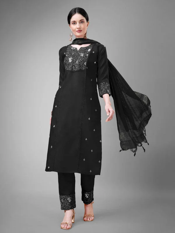 NOZ2TOZ Women Embroidered Cotton Blend Kurta Pant Dupatta Set - Black Comfortable Pleated Pants NOZ2TOZ Women Embroidered Cotton Blend Kurta Pant Dupatta Set - Black Comfortable Pleated Pants