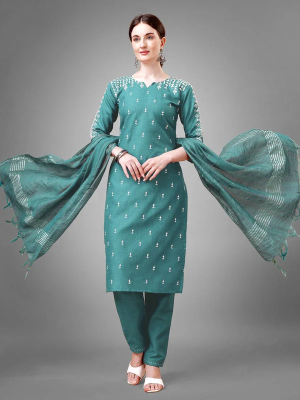 NOZ2TOZ Women Embroidered Cotton Blend Kurta Pant Dupatta Set - Teal Elegant Dress Pants NOZ2TOZ Women Embroidered Cotton Blend Kurta Pant Dupatta Set - Teal Elegant Dress Pants